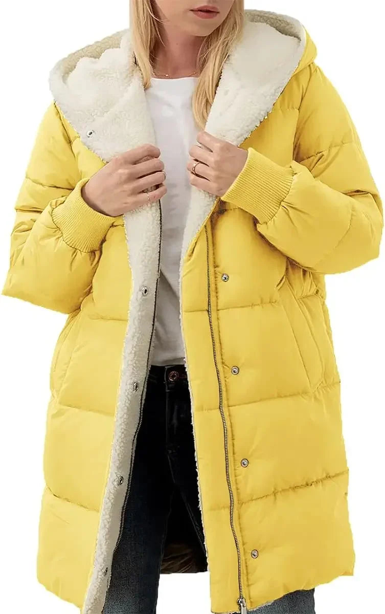 Damen Langer Steppmantel mit Kapuze Gefüttert Winter Jacke