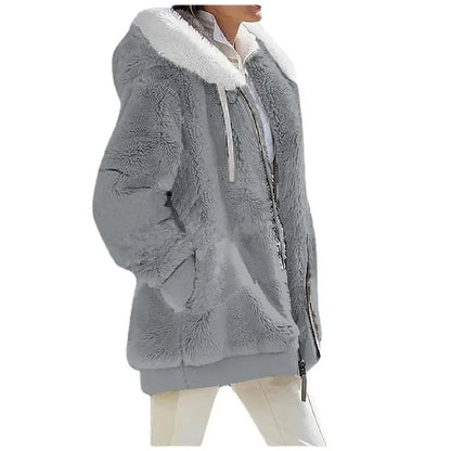 Damen Flauschige Kapuzenjacke mit Reißverschluss und Bauchtaschen