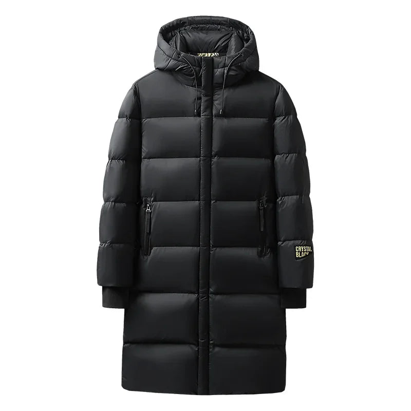 Langer Steppmantel mit Kapuze für Herren, Schwarz, Winter, Gefüttert