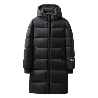 Langer Steppmantel mit Kapuze für Herren, Schwarz, Winter, Gefüttert