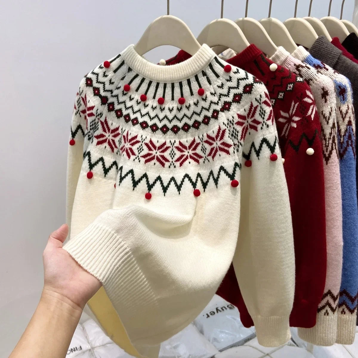 Damen Pullover Fair Isle Muster Zopfstrick Optik Rot Creme