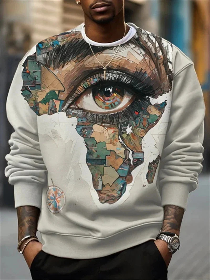 Herren Rundhals-Sweatshirt mit Afrika-Motiv und Augenprint, Weiß