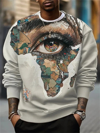 Herren Rundhals-Sweatshirt mit Afrika-Motiv und Augenprint, Weiß
