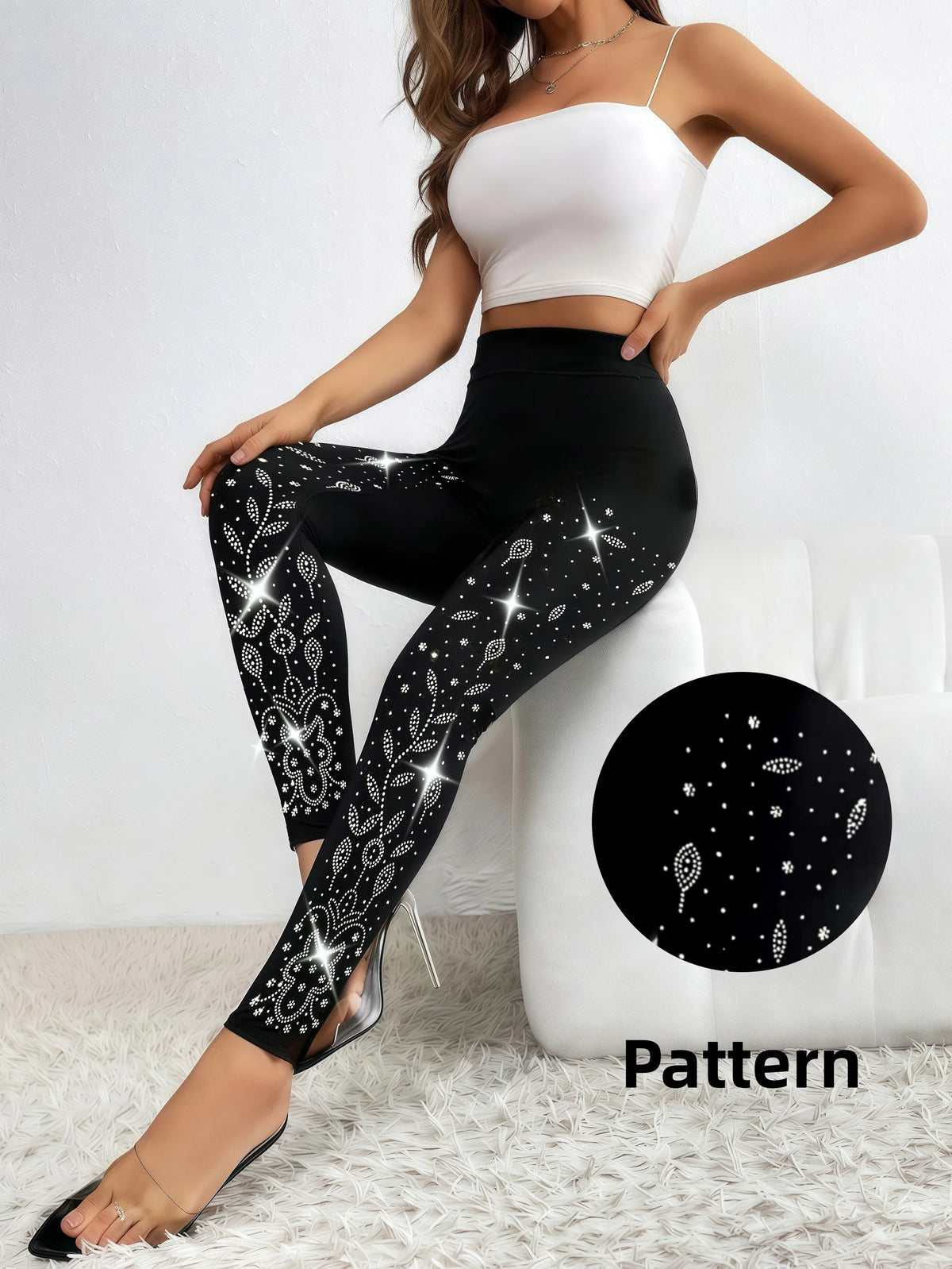 Schwarze Leggings mit Strass-Verzierung, hoher Bund