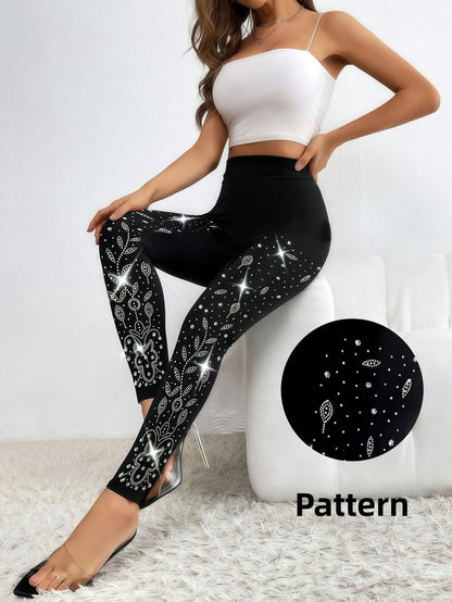 Schwarze Leggings mit Strass-Verzierung, hoher Bund