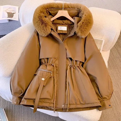 Damen Winterjacke Parka mit Kapuze und Kunstfellbesatz, verstellbare Taille