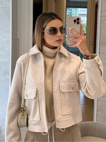 Kurze Damen Übergangsjacke mit Reverskragen und Reißverschluss
