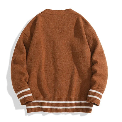 Unisex Strick Cardigan mit V-Ausschnitt und Streifen Schwarz