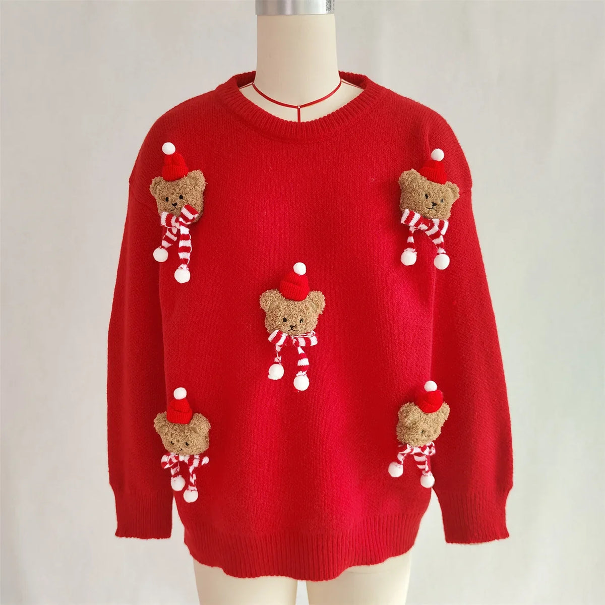 Damen Weihnachtspullover Strick Teddybär Applikationen Rundhals Rot