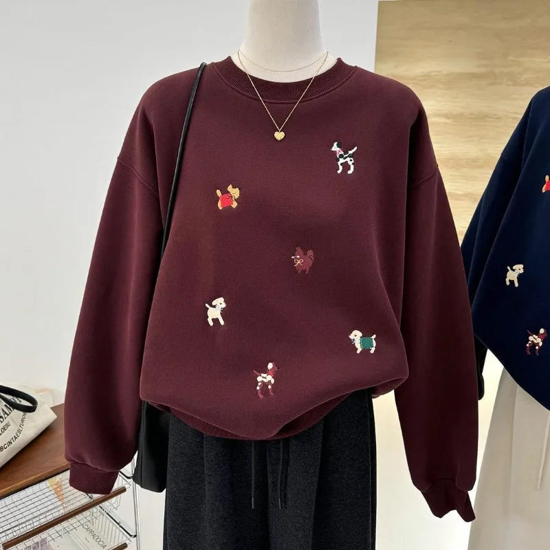 Unisex Sweatshirt Rundhals mit Hunde-Stickereien