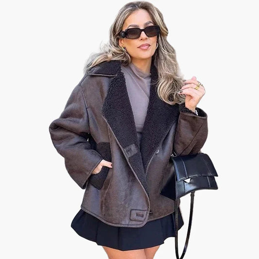 Damen Oversize Streetwear Jacke mit Teddyfutter – Modische Übergangsjacke für Alltag und Freizeit