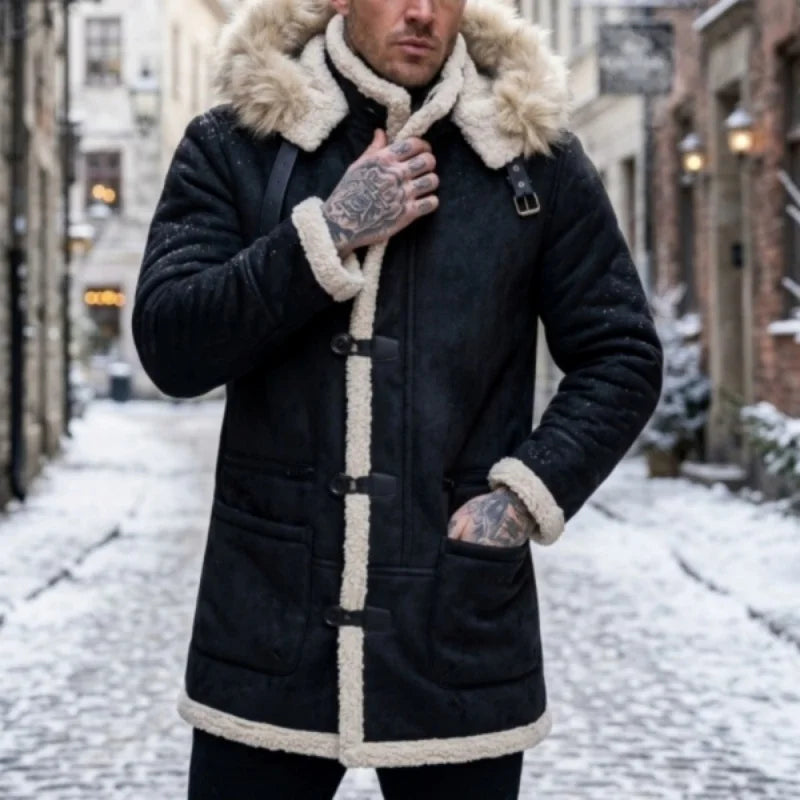 Herren Winterjacke mit Kapuze Pelzimitat Futter Lang Wintermantel Grau