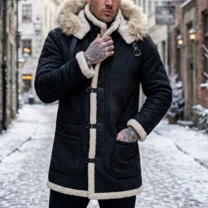 Herren Winterjacke mit Kapuze Pelzimitat Futter Lang Wintermantel Grau