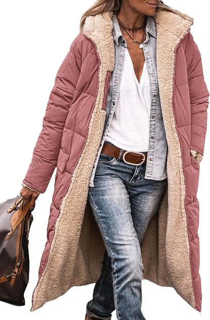 Damen Steppmantel Lang Winter Daunen-Optik mit Teddyfutter Kapuze