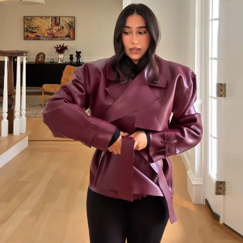 Damen Kurzjacke mit Bindegürtel und Reverskragen