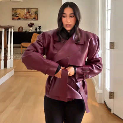 Damen Kurzjacke mit Bindegürtel und Reverskragen