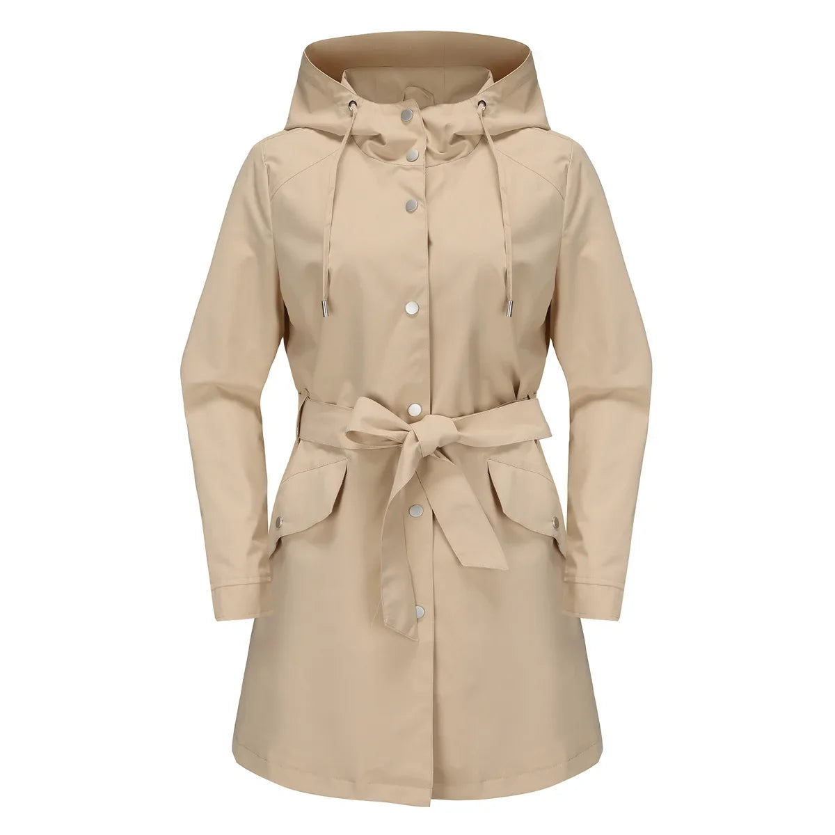 Damen Regenjacke mit Kapuze, Tunnelzug und Gürtel, Hellbeige
