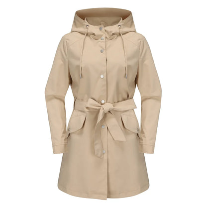 Damen Regenjacke mit Kapuze, Tunnelzug und Gürtel, Hellbeige