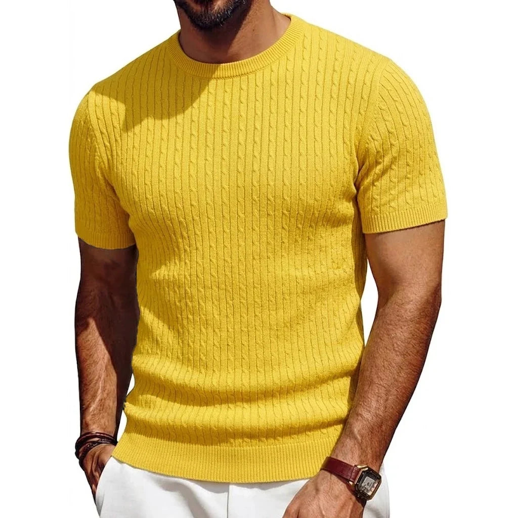 Herren Kurzarm Pullover Rundhals Strick mit Zopfmuster Marineblau