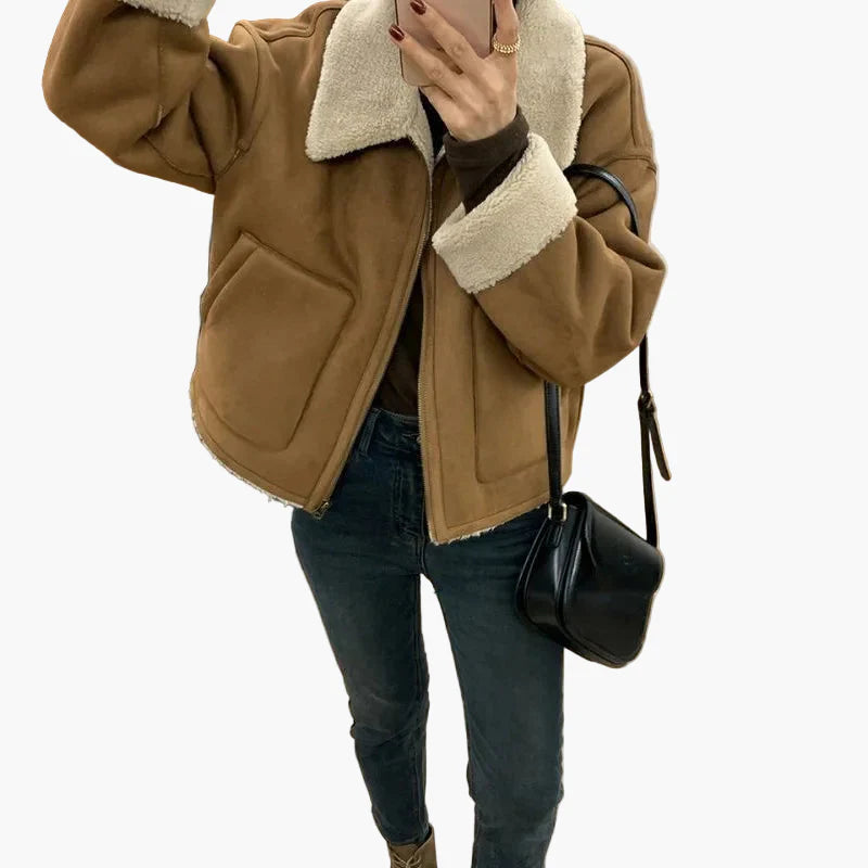 Damen Lammfell-Optik Kurzjacke mit Oversized-Kragen – Stilvolle Winter Übergangsjacke für Alltag und Freizeit