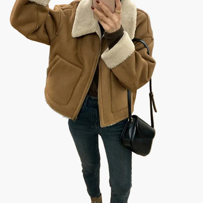 Damen Lammfell-Optik Kurzjacke mit Oversized-Kragen – Stilvolle Winter Übergangsjacke für Alltag und Freizeit