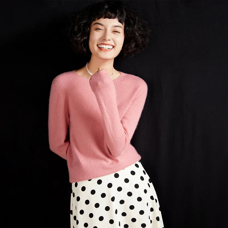 Damen Rundhals Pullover Langarm Basic Strickpullover