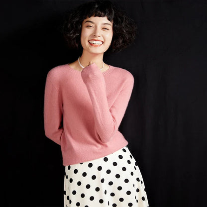 Damen Rundhals Pullover Langarm Basic Strickpullover