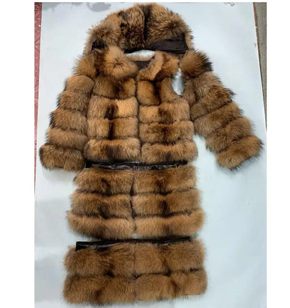 Pelzmantel mit Kapuze für Damen, Lang, Mehrfarbig
