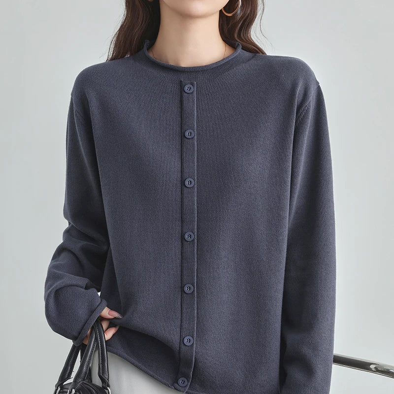 Damen Cardigan Strickjacke Rundhals Langarm Knöpfe Schwarz Braun Grau Rot