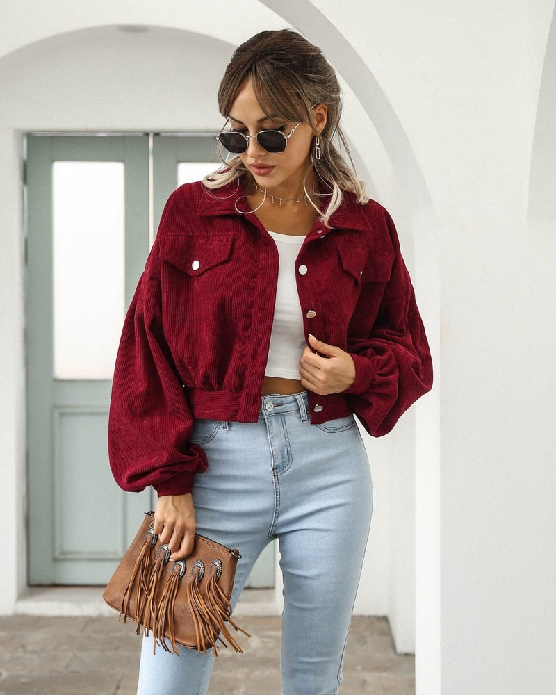 Damen Cropped Cordjacke mit Puffärmeln und Brusttaschen