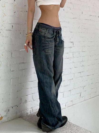 Jeans Damen Straight Leg Weite Passform Dunkelblau