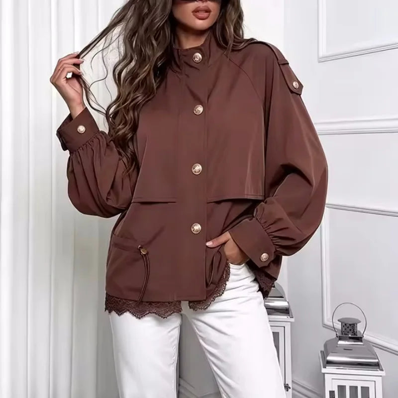 Damen Jacke mit Stehkragen, Schnürzug und Häkelspitze, Verschiedene Farben