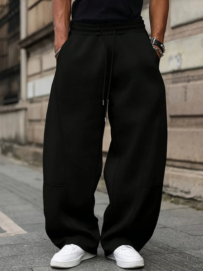 Herren Weite Hose Schwarz Kordelzug Baggy Freizeithose mit Nahtdetails