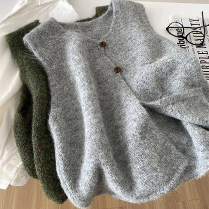 Damen Strickweste mit V-Ausschnitt und Holzknöpfen