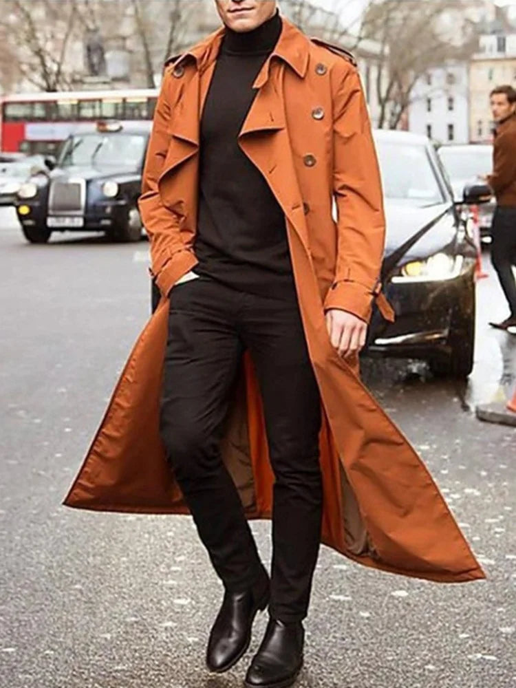 Herren Trenchcoat Lang Zweireiher mit Gürtel, Klassischer Herrenmantel für Frühling & Herbst
