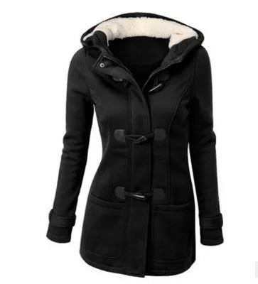 Damen Dufflecoat mit Kapuze und Knebelknöpfen - Warmer Wintermantel mit Teddyfutter