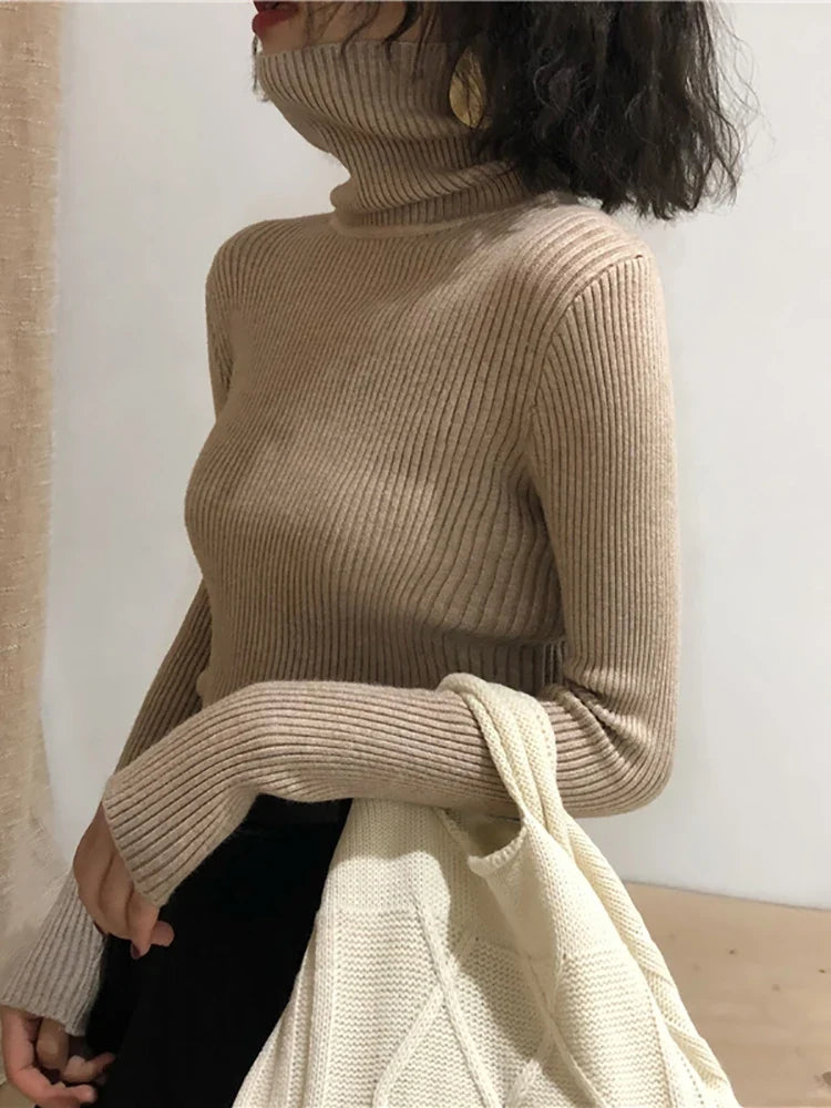 Damen Rollkragenpullover Gerippt Langarm Strickpullover
