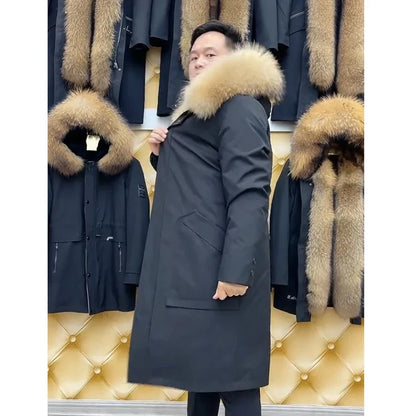 Herren Winterparka Schwarz mit braunem Kunstpelz gefüttert