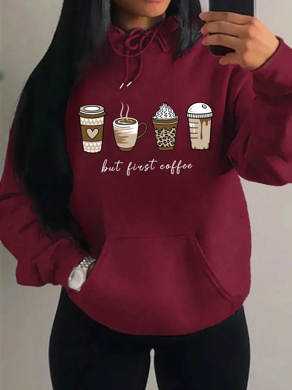 Damen Hoodie "But First Coffee" mit Kaffeetassen-Print Kapuzenpullover