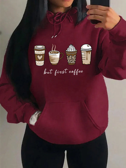 Damen Hoodie "But First Coffee" mit Kaffeetassen-Print Kapuzenpullover