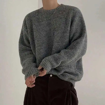 Grauer Strickpullover Rundhals für Herren, Langarm, Grobstrick