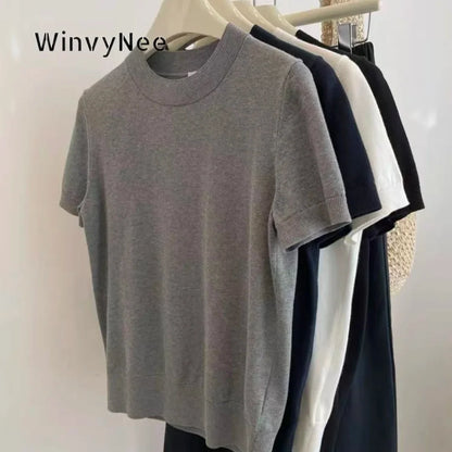 Kurzarm Rundhals Stricktop Damen Gerippter Saum