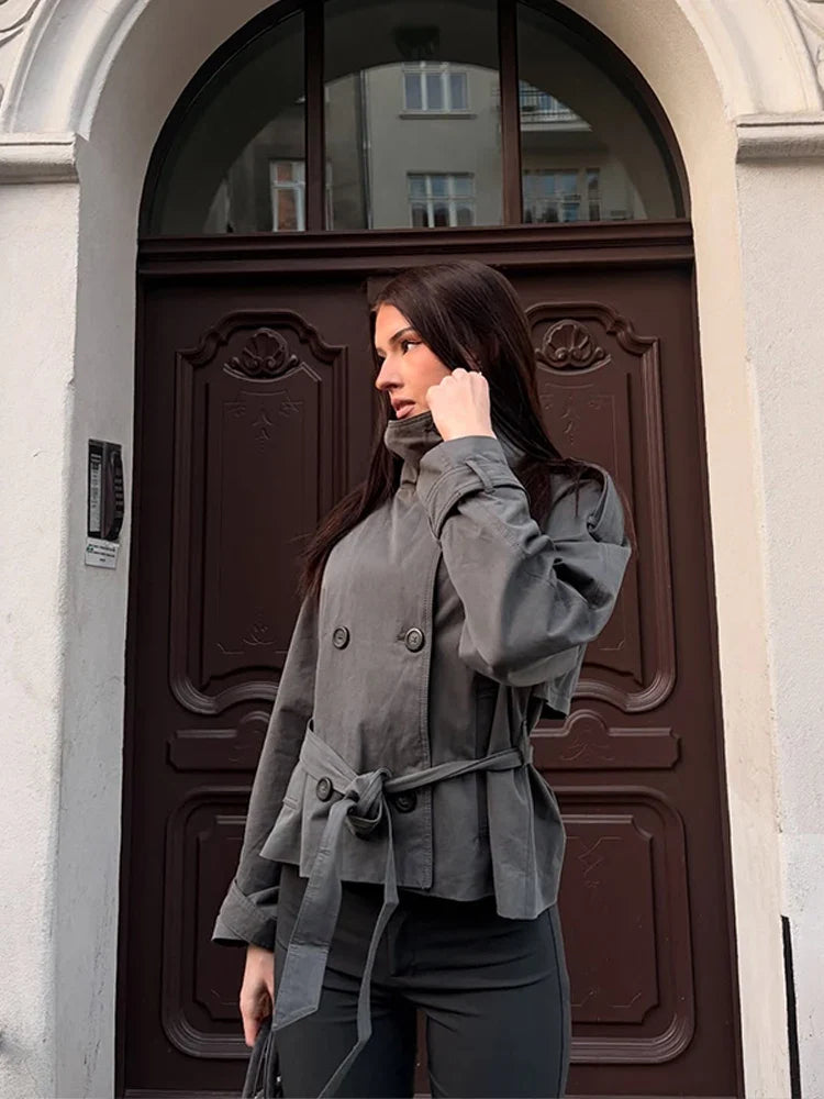 Damen Kurzjacke Trench-Stil Doppelreiher mit Bindegürtel Stehkragen