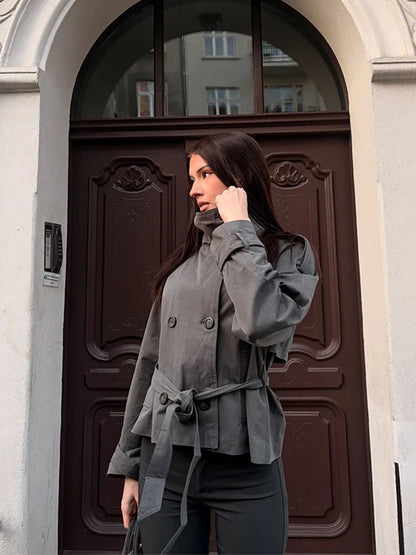 Damen Kurzjacke Trench-Stil Doppelreiher mit Bindegürtel Stehkragen