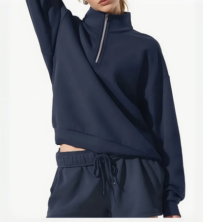 Damen Sweatshirt mit Stehkragen und Reißverschluss & Shorts Set Grau