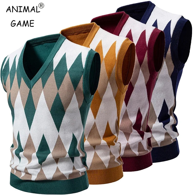 Herren Argyle Strickweste V-Ausschnitt Ärmellose Pullover Weste