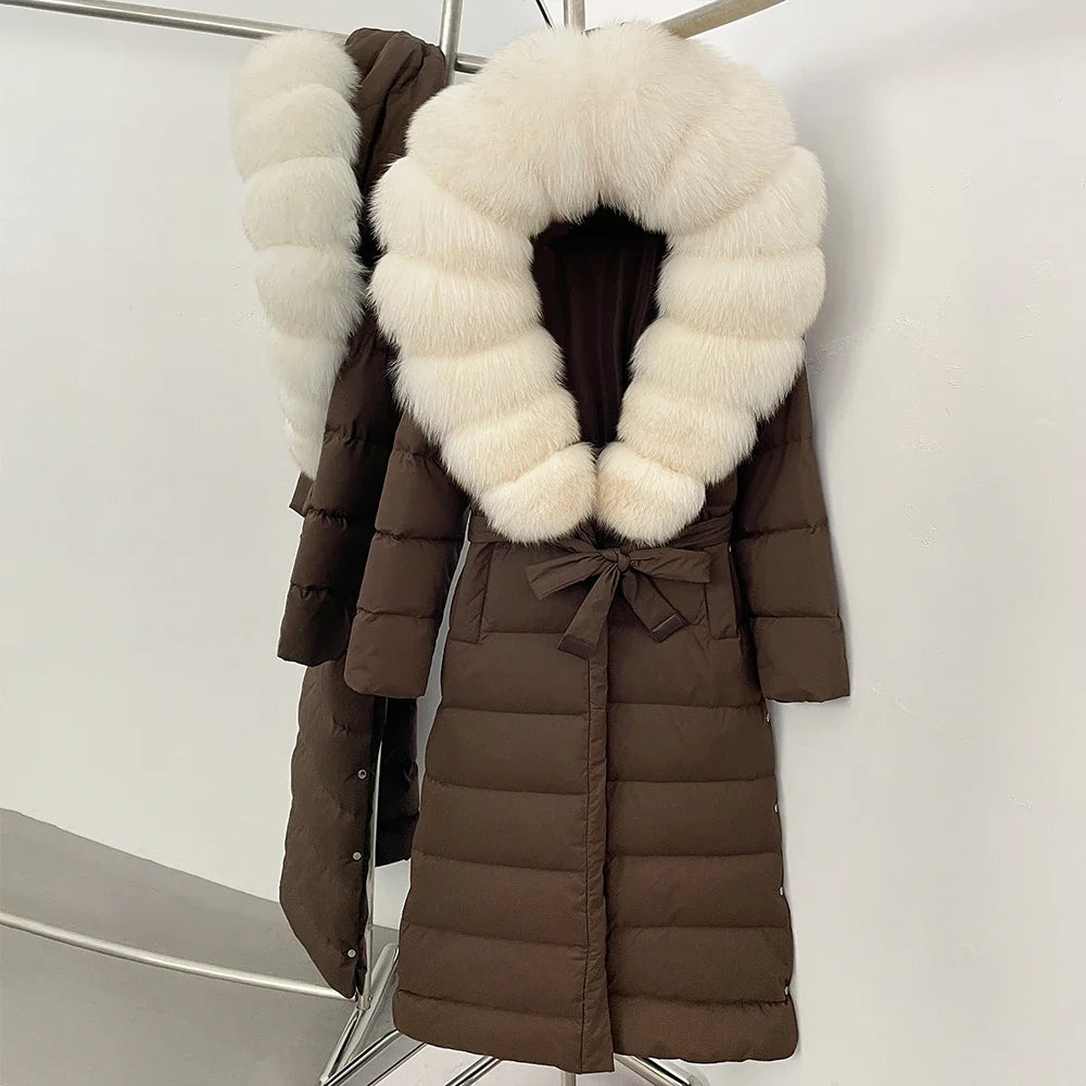 OFTBUY Grote Echte Vos Bontkraag X-Lange Puffer Jas Vrouwen Capuchon Winter Witte Eend Down Jas Dikke Vrouwelijke parka Met Riem