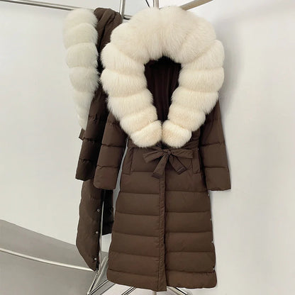 OFTBUY Grote Echte Vos Bontkraag X-Lange Puffer Jas Vrouwen Capuchon Winter Witte Eend Down Jas Dikke Vrouwelijke parka Met Riem