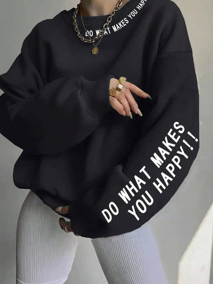 Damen Sweatshirt mit Spruch "DO WHAT MAKES YOU HAPPY!!" Rundhalsausschnitt Langarm