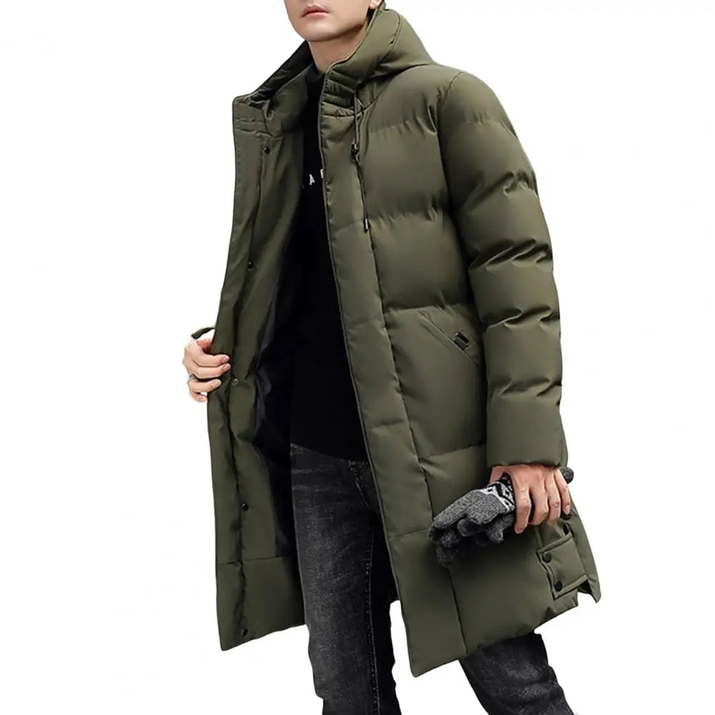 Herren Daunenparka Winterjacke mit Kapuze Stehkragen Lang Schwarz